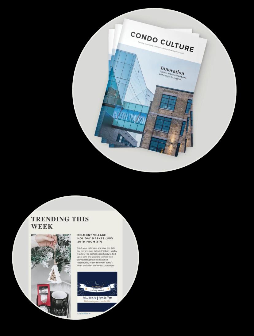 Bubble with Condo Culture magazine and another bubble with a screenshot of the weekly newsletter