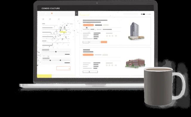 An illustration of the Condo Culture Web App on a laptop with a cup of coffee.